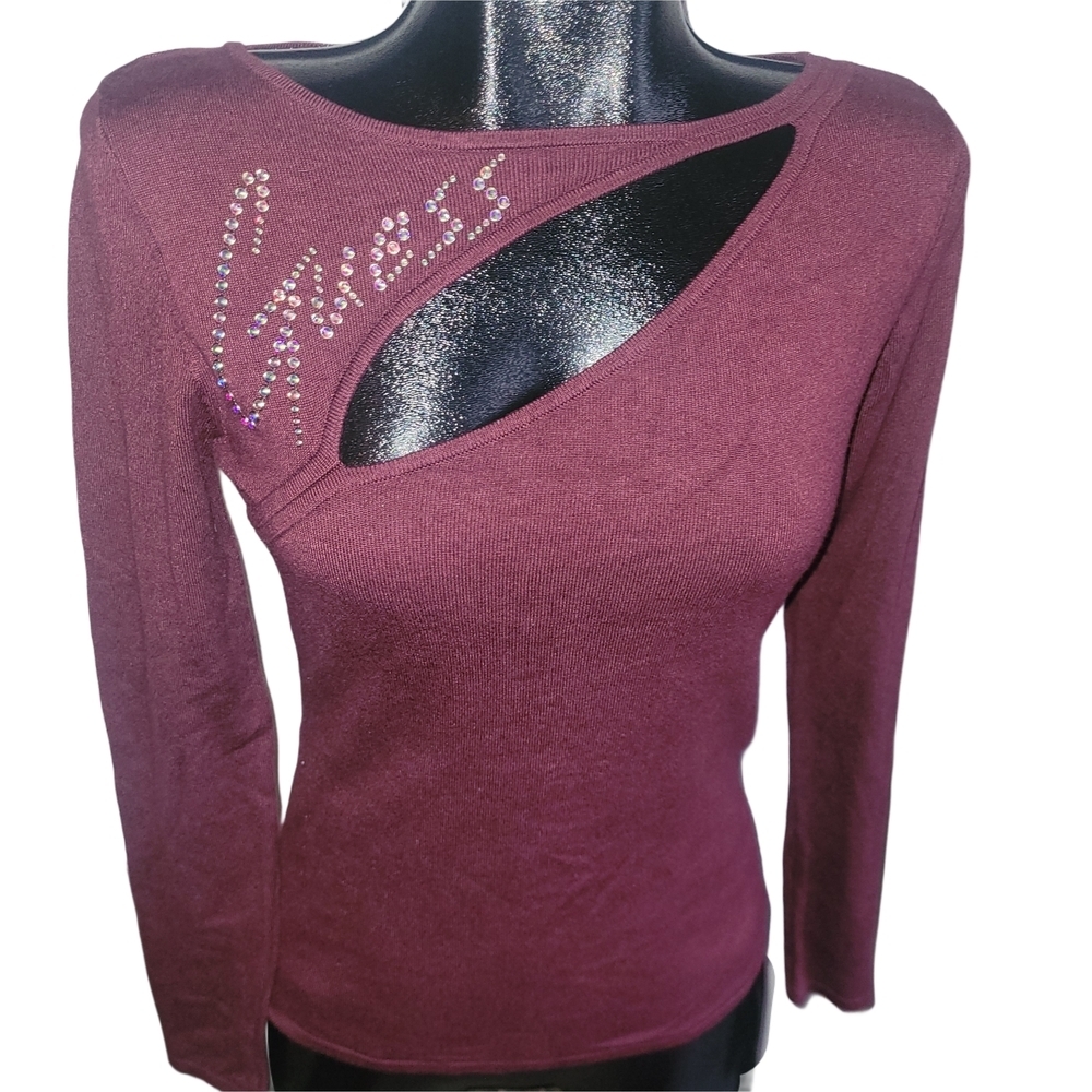 Guess Burgundy Cut-Out with Rhinestone Detail Light Knit Top Size M